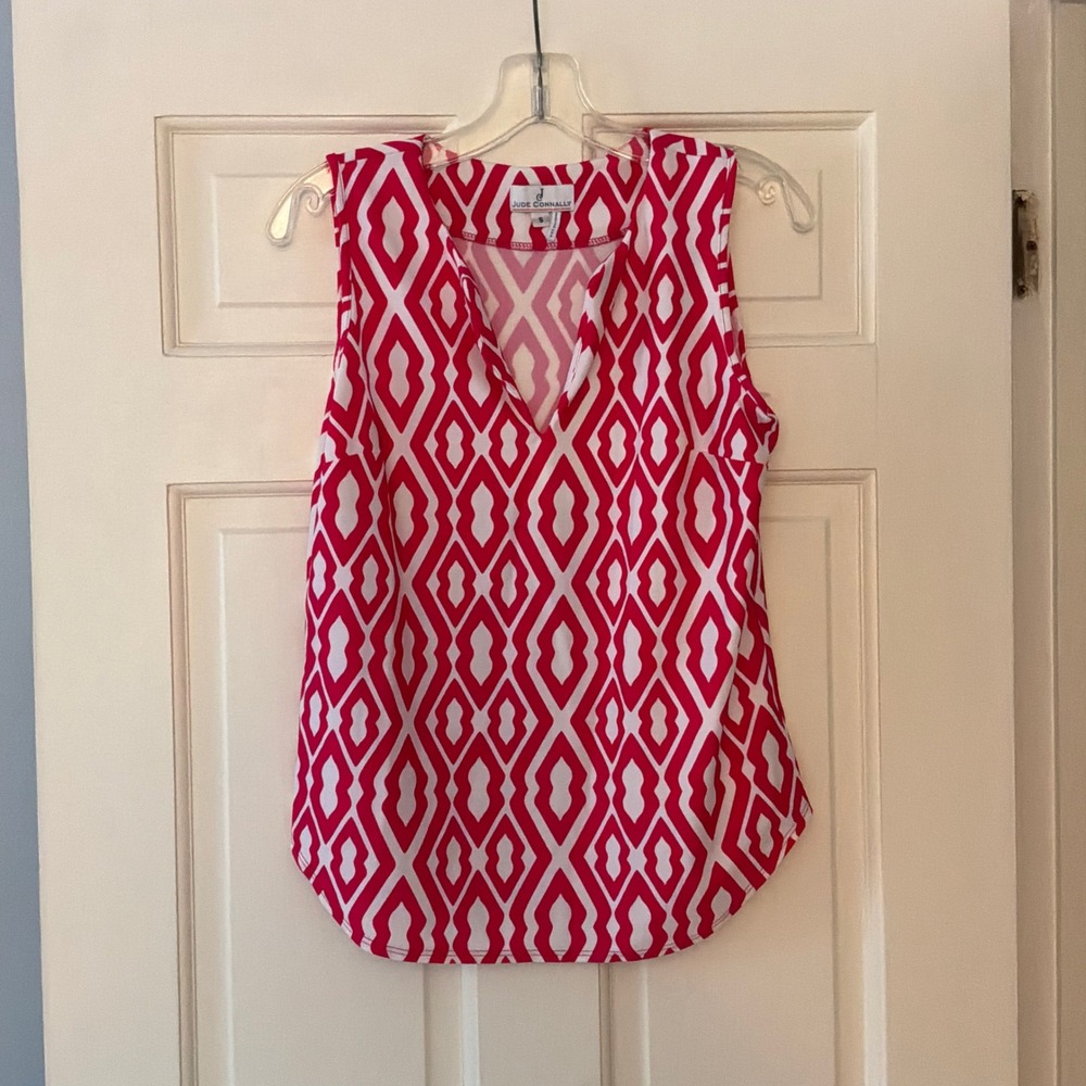 Jude Connally Pink White Geometric V-Neck Sleeveless Tank Top Small Jude Cloth